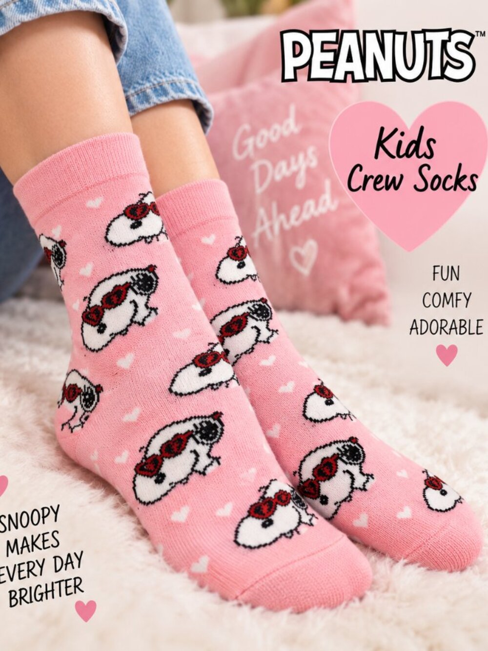 Peanuts Snoopy Youth/Kids Pink Crew Socks